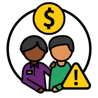 An NDIA staff member supporting a participant, a dollar sign and a problem icon.