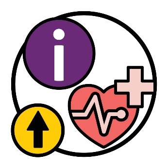An information icon, a health care icon and an arrow pointing up.