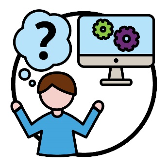 A person raising their arms beneath a question mark inside of a thought bubble. Next to them is a computer showing 2 cogs.
