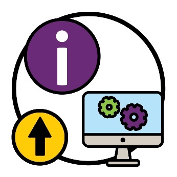 An information icon, a computer showing 2 cogs and an arrow pointing up.