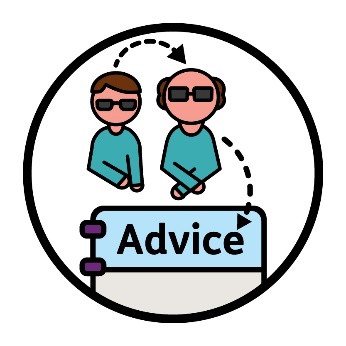 A young person with an arrow pointing to them as an older person. And an arrow pointing from the older person to an Advice document.