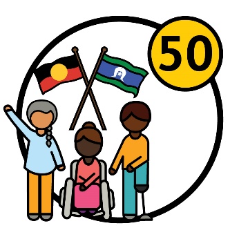 3 First Nations people beneath the Aboriginal flag and the Torres Strait Islander flag and the number '50'.