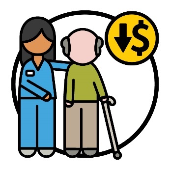 Someone supporting an older person and a dollar sign with an arrow pointing down.