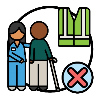 An aged care worker supporting an elderly person, a high-vis vest and a cross.