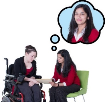 2 people looking at a document together. Above one of them is a thought bubble with the person smiling in it.