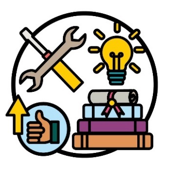 A montage of 3 icons and a thumbs up with an arrow pointing up. The icons are: a wrench and screwdriver; a glowing lightbulb; and a stack of books.