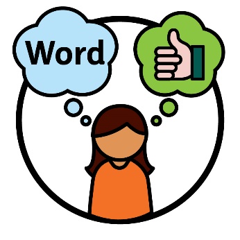A person beneath the word 'word' inside of a thought bubble and a thumbs up inside of a thought bubble.