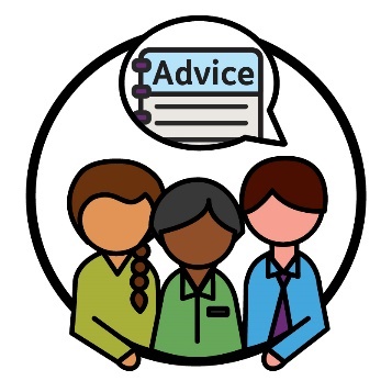 3 people next to each other with a speech bubble above them. The speech bubble is showing an advice document.