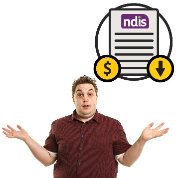 A man shrugging and an NDIS document with a dollar sign and an arrow pointing down.