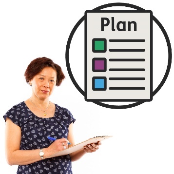 A woman writing on a document and a plan icon.