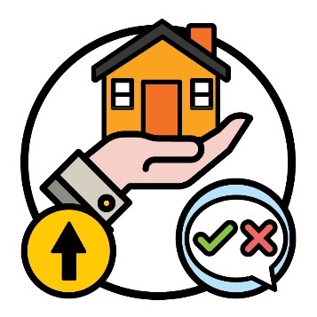 Home and living supports icon with an arrow pointing up and a decisions icon.