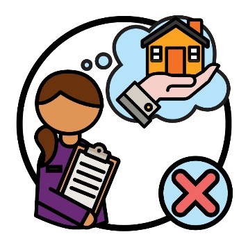A woman holding a clipboard and a thought bubble, inside the thought bubble is a home and living supports icon. Next to the woman is a cross.