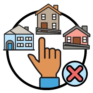 3 different houses and a hand pointing to one of the houses. Next to the hand is a cross icon.