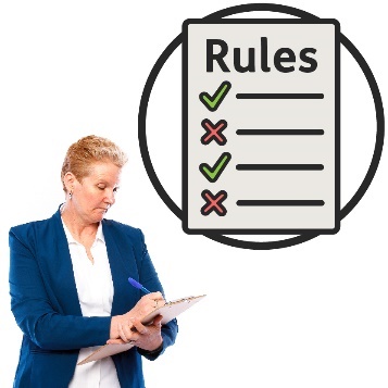 A business person writing on a document and a rules icon.