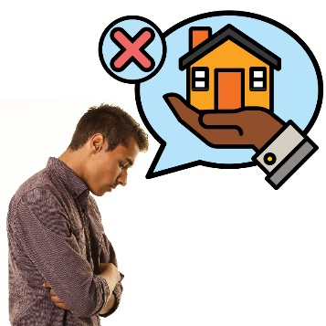 A man crossing his arms and looking down. Next to him is a speech bubble with a home and living supports icon and a cross.
