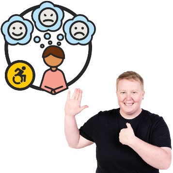 A person smiling and pointing to themselves with a psychosocial disability icon.