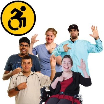 A group of diverse people pointing to themselves and a disability icon.