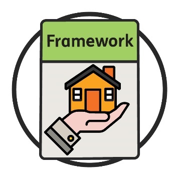 Framework icon with a home and living supports icon.