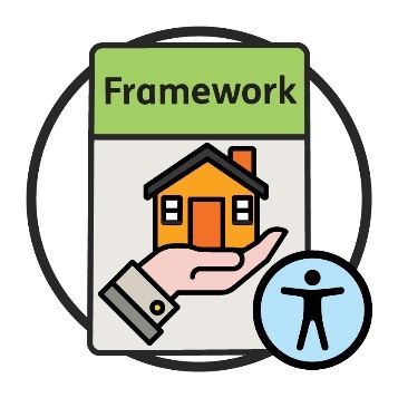 Framework icon with a home and living supports and an accessibility icon.