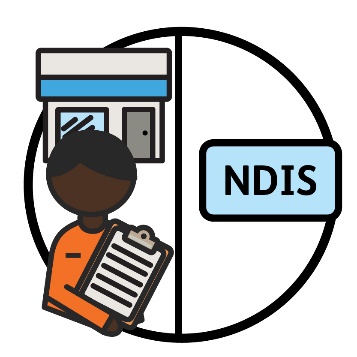 A home and living partner holding a clipboard in front of a building and the words 'NDIS'. A line is in between them to separate them.