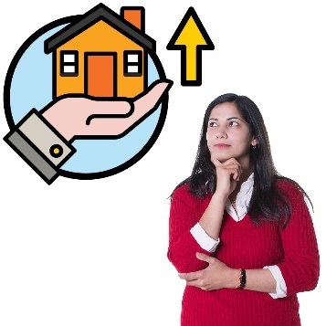 A woman thinking and a home and living supports icon with an arrow pointing up.
