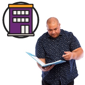 A man reading a document and a Purple Orange icon.
