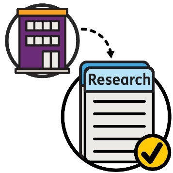 Purple Orange icon with an arrow curving to a research document and a tick.