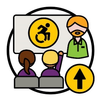 A person in front of a board with a disability icon on it. 2 people are in front of the board and one person has their hand raised with an arror pointing up next to them.