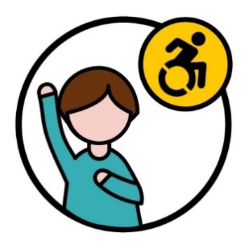 A person with disability pointing to themself with their other hand raised. Above them is a disability icon.