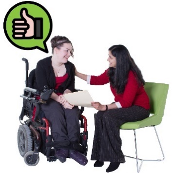 A person supporting a participant at a meeting. Next to the participant is a speech bubble with a thumbs up icon inside it.