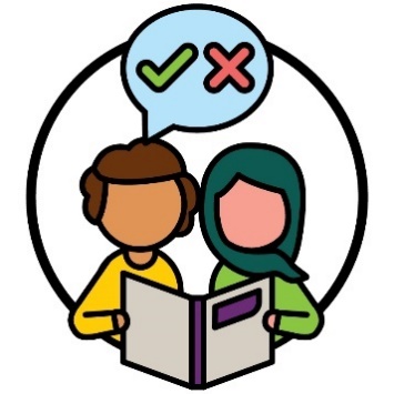 A person supporting someone to read a document. Above them is a speech bubble with a tick and cross inside it.