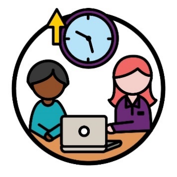 An NDIA worker having a meeting with someone. Above them is a clock with an arrow pointing up.