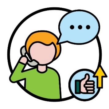 A person using a phone. Next to them is a speech bubble and a thumbs up icon with an arrow pointing up.