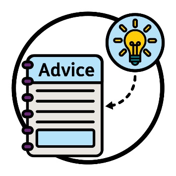 A lightbulb icon with an arrow pointing to an advice document.