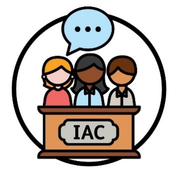 3 people behind a bench that says 'IAC' and above them is a speech bubble.