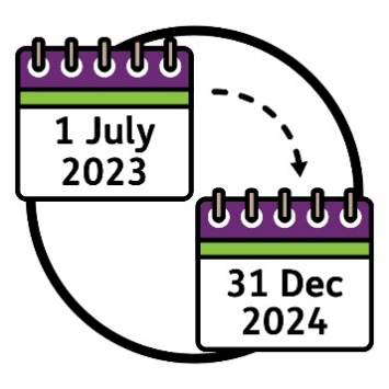 An arrow pointing from a calendar that reads '1 July 2023' to another calendar that reads '31 December 2024'.