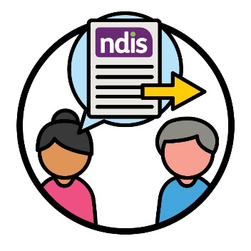 A person and an older person. Above the person is a speech bubble with an NDIS document and an arrow pointing to the right.