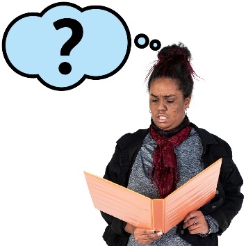 A person reading a document. Above them is a thought bubble with a question mark inside it.