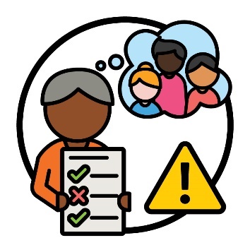 A person holding a list of rules. Above them is a thought bubble with 3 people inside it and next to the person is a problem icon.