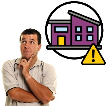 A person thinking. Next to them is a house with a problem icon.