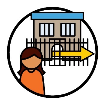 A person in front of a jail with an arrow pointing right.