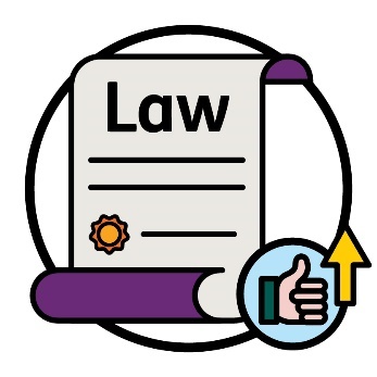 A law document and a thumbs up icon with an arrow pointing up.