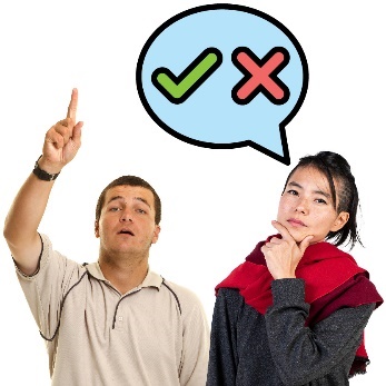 A person raising their hand next to a person thinking. Above the person thinking is a speech bubble with a tick and cross inside it.