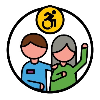 An aged care worker supporting an older person who has their hand raised. Above them is a disability icon.