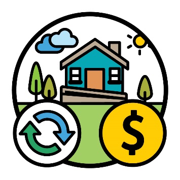  A house with an accessible ramp with a change icon and a money icon.