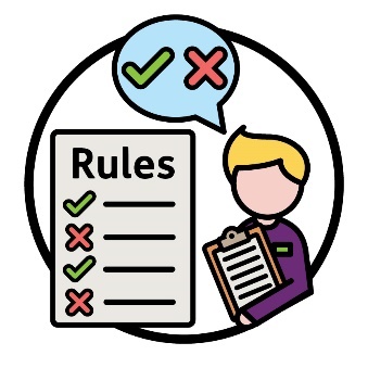A rules document next to an NDIA worker holding a clipboard. Above them is a speech bubble with a tick and cross.