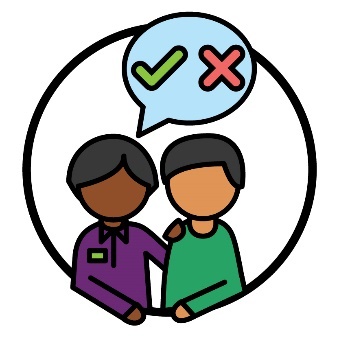 An NDIA worker supporting a person. Above them is a speech bubble with a tick and cross inside it.