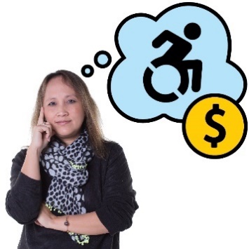 A person thinking. Above them is a thought bubble with a disability icon inside it and a money icon.