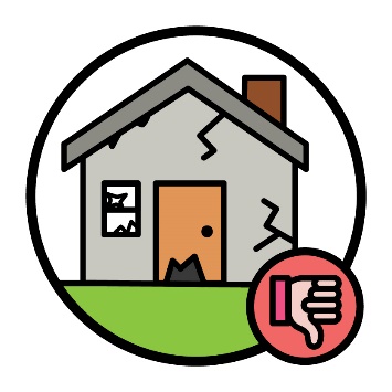 A broken house with a thumbs down icon.