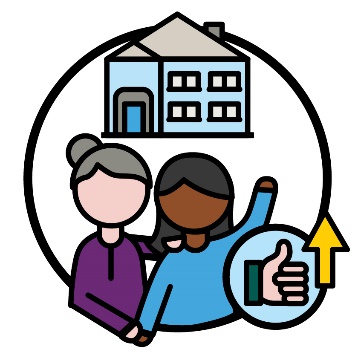 An NDIA worker supporting someone. Above them is a house and next to them is a thumbs up icon with an arrow pointing up.